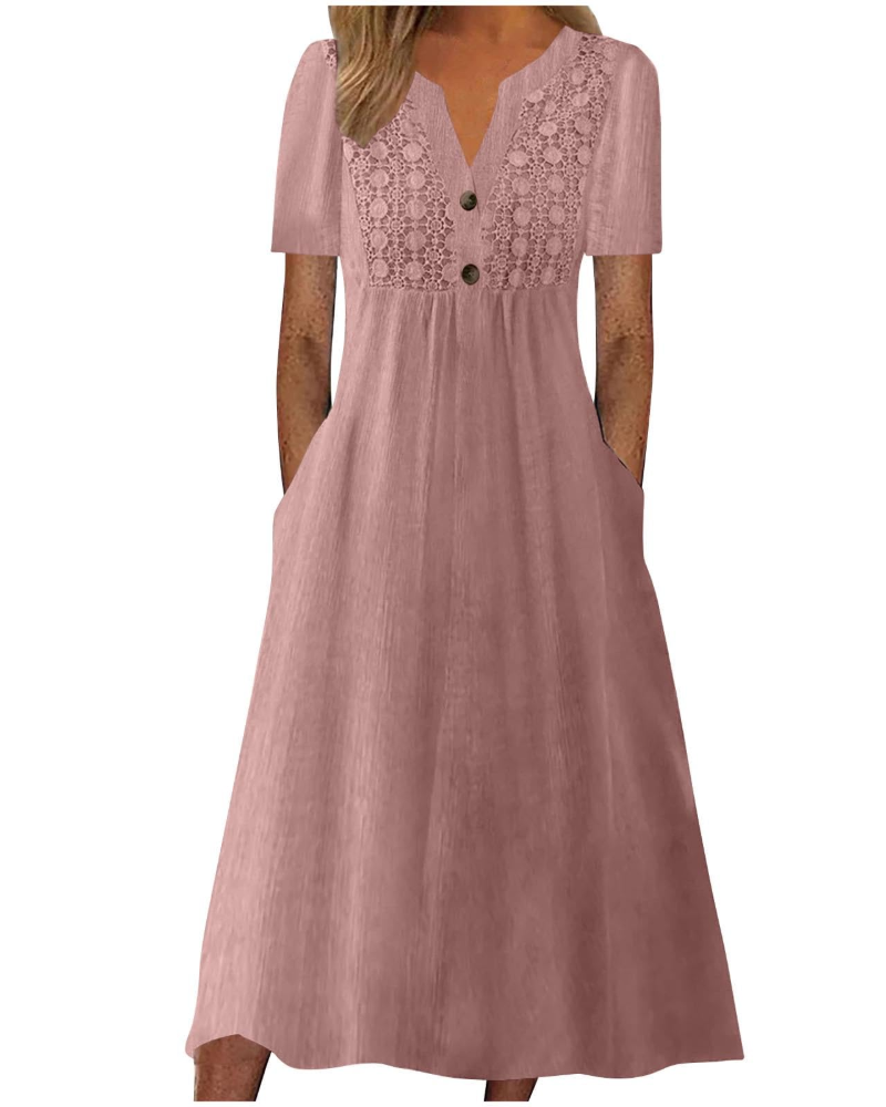 Vestido largo Shelby para mujer de algodón y lino – Escote en V, mangas cortas y corte amplio