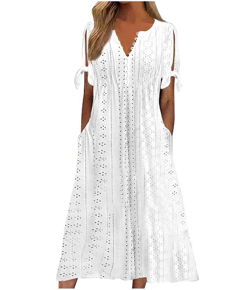 Vestido largo Shelby para mujer de algodón y lino – Escote en V, mangas cortas y corte amplio