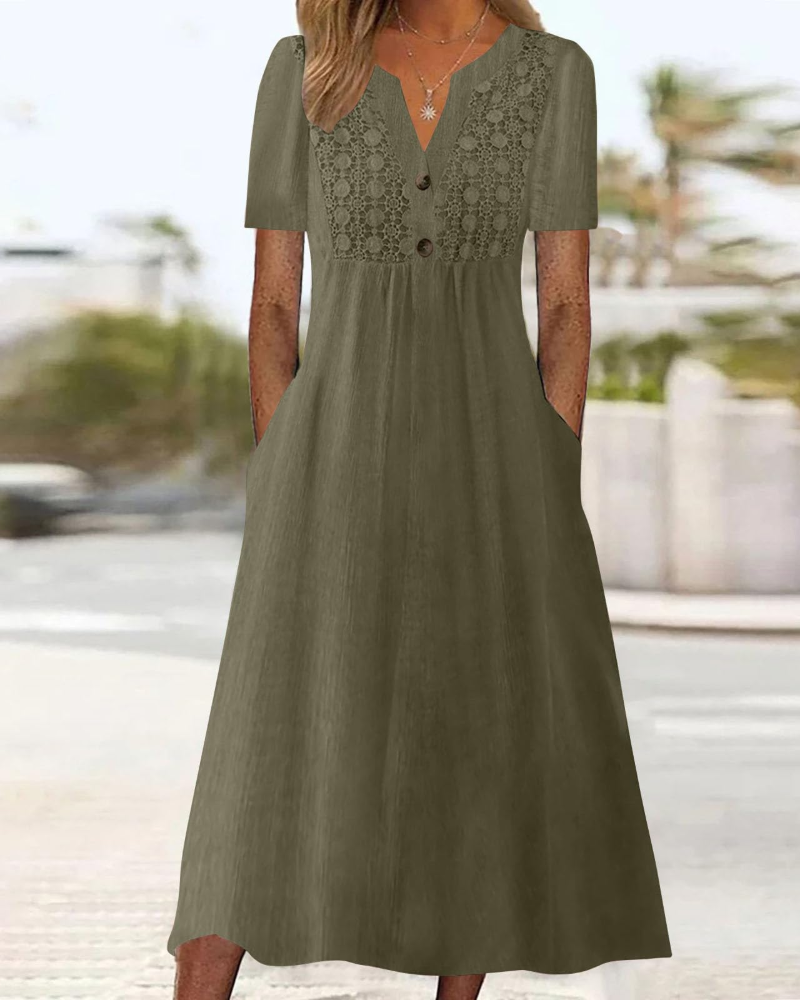 Vestido largo Shelby para mujer de algodón y lino – Escote en V, mangas cortas y corte amplio