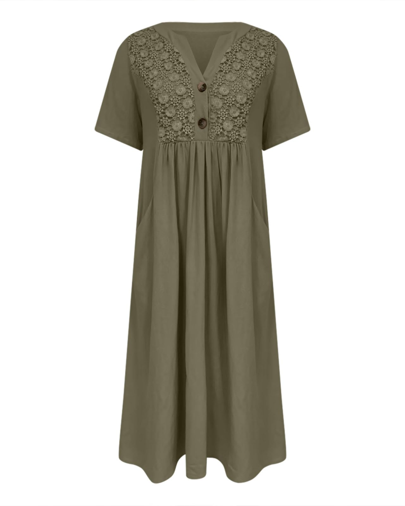 Shelby Women’s Long Cotton and Linen Dress – V-Neck, Short Sleeves, and Relaxed Fit