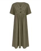 Shelby Women’s Long Cotton and Linen Dress – V-Neck, Short Sleeves, and Relaxed Fit