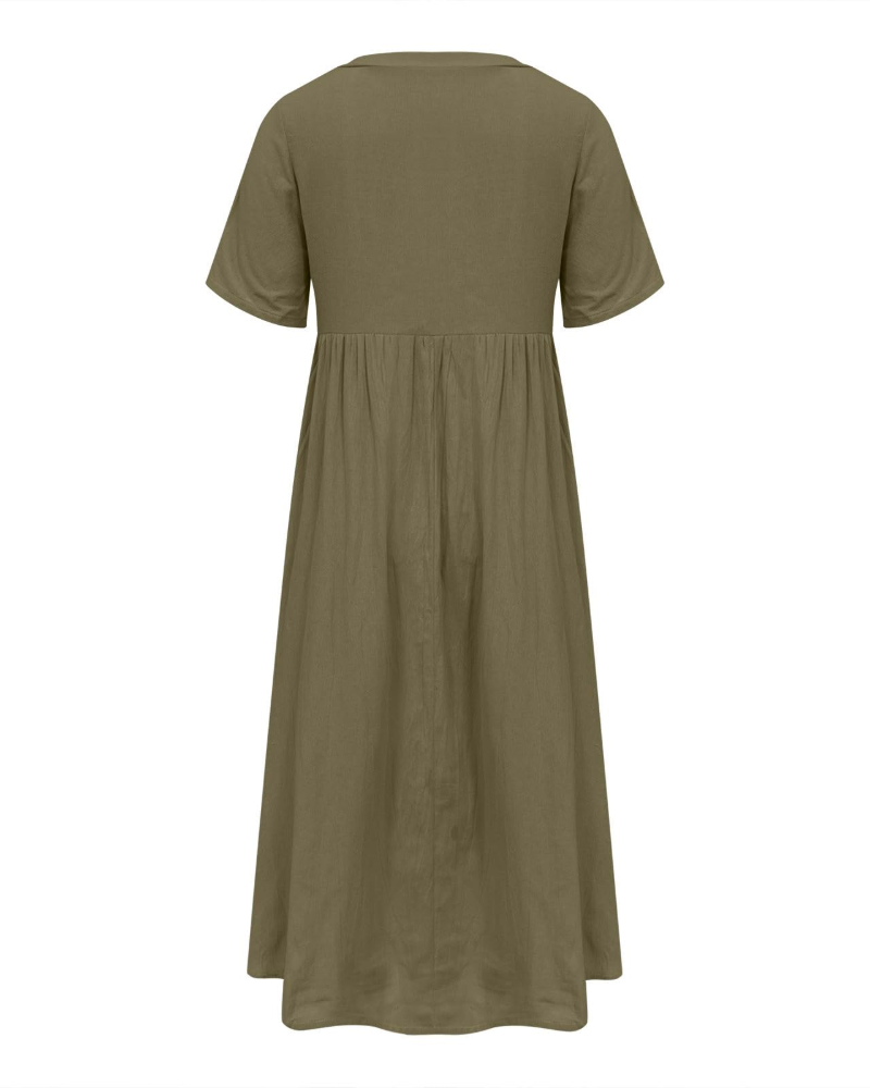 Shelby Women’s Long Cotton and Linen Dress – V-Neck, Short Sleeves, and Relaxed Fit