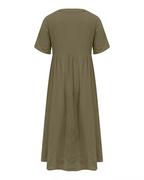 Shelby Women’s Long Cotton and Linen Dress – V-Neck, Short Sleeves, and Relaxed Fit