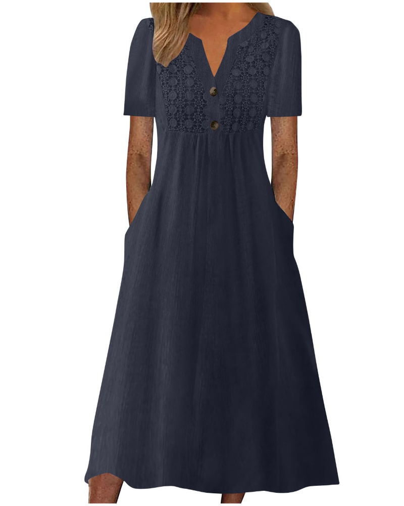 Vestido largo Shelby para mujer de algodón y lino – Escote en V, mangas cortas y corte amplio