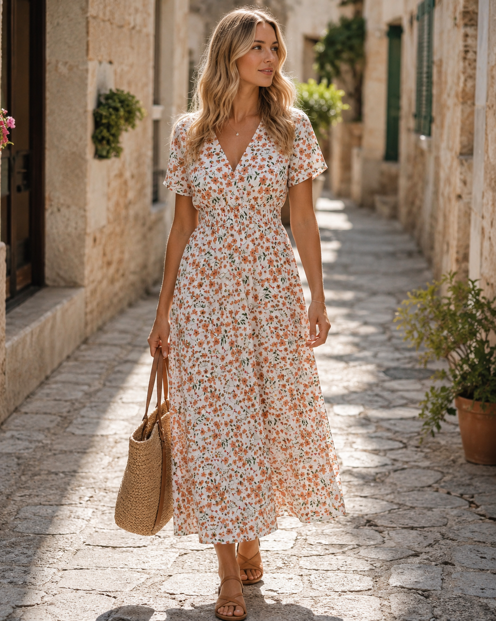 Diana Women's Midi Dress – Floral Chiffon Dress with V-Neck and Short Sleeves