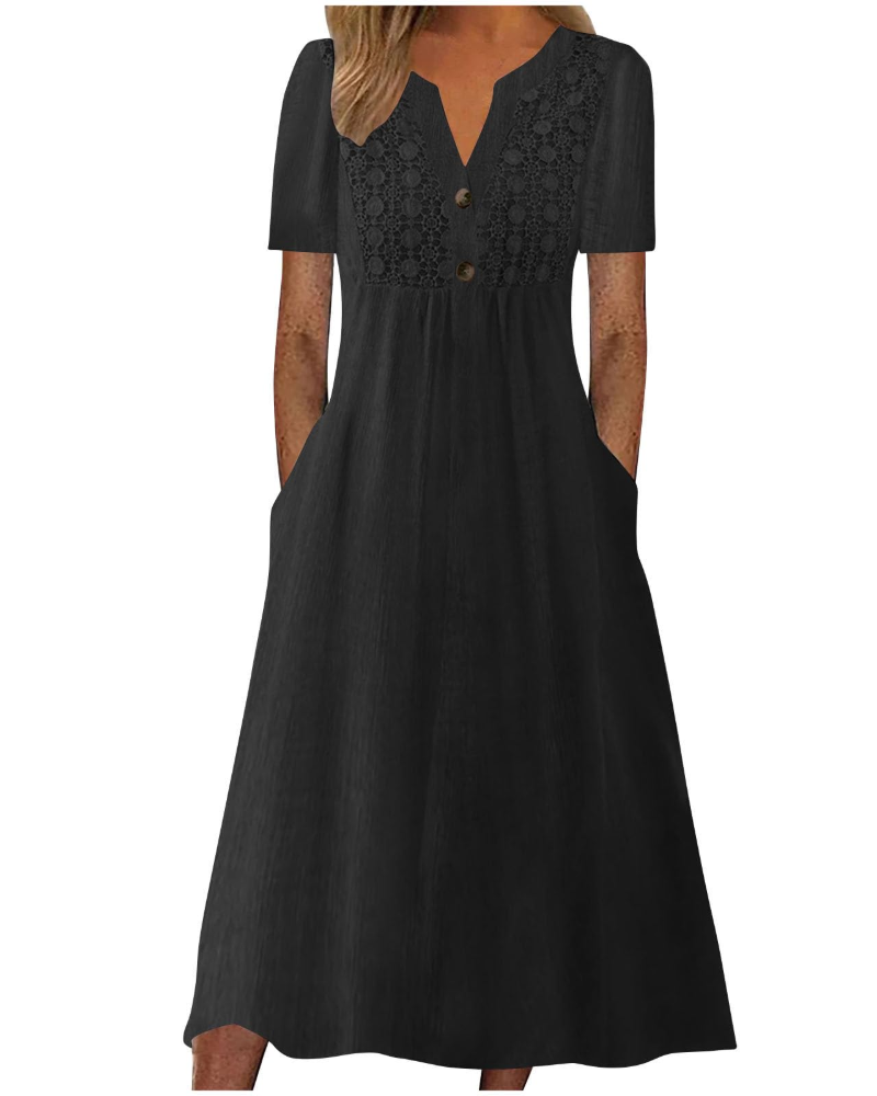 Vestido largo Shelby para mujer de algodón y lino – Escote en V, mangas cortas y corte amplio