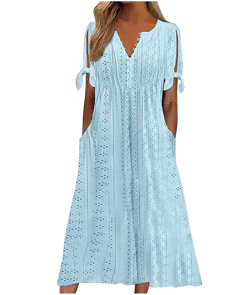 Vestido largo Shelby para mujer de algodón y lino – Escote en V, mangas cortas y corte amplio
