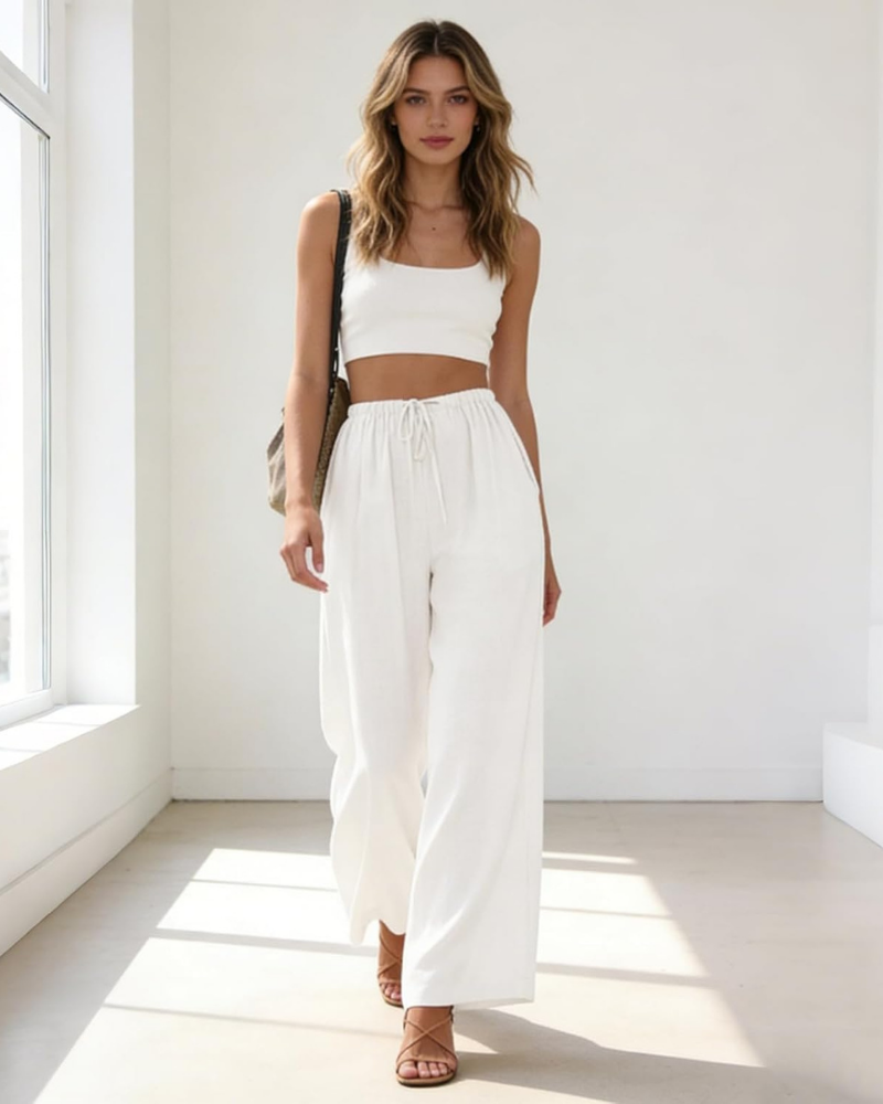 Adelaide Women's Palazzo Pants – Cotton and Linen, High Waist, Drawstring and Pockets