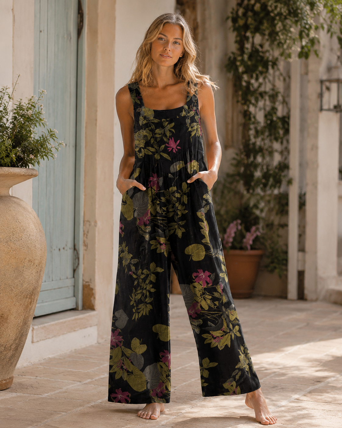 Amelia Salopette para mujer – Mono bohemio de algodón y lino, ajuste amplio y estampado floral