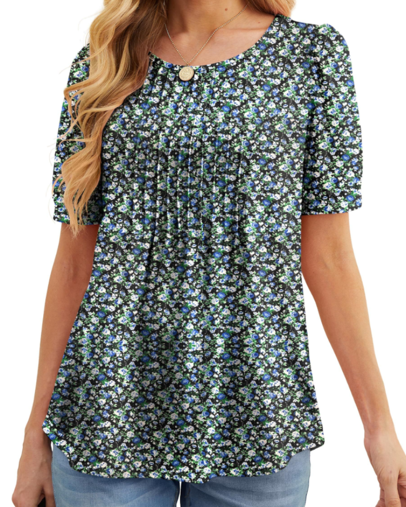 Lydia Women's Blouse – Floral Tunic with Crew Neck, Short Sleeves, and Front Pleats