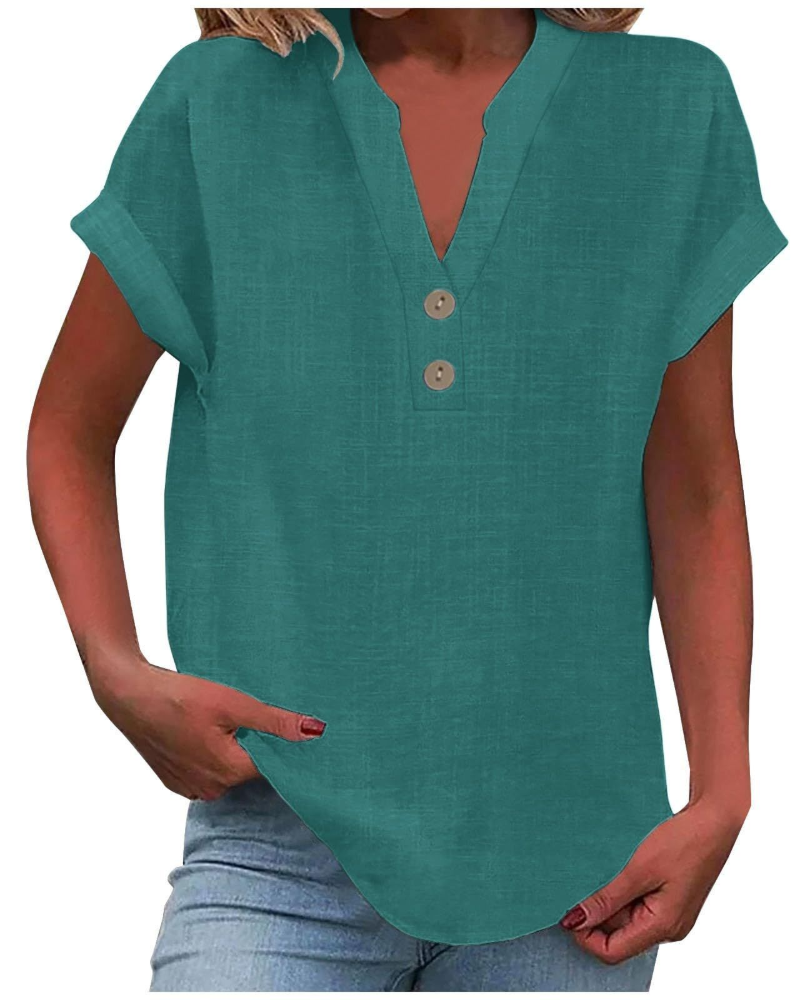 Charlotte Women's Blouse – Casual Tunic with V-Neck, Decorative Buttons, and Flared Sleeves