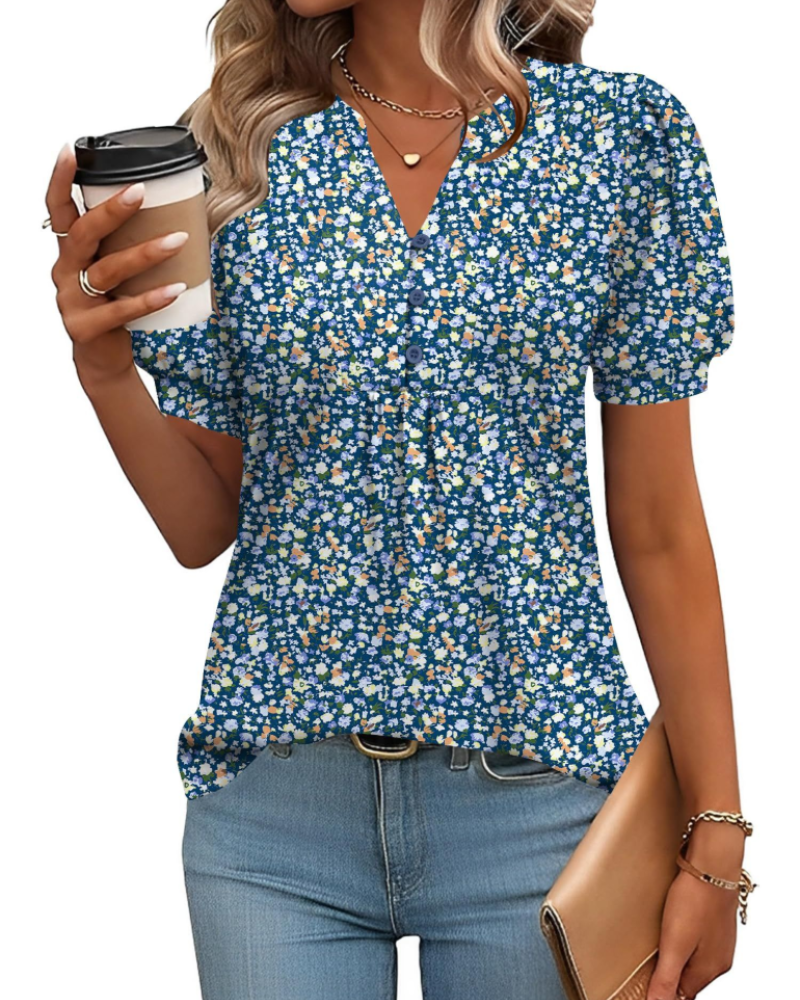 Sophie Women's Blouse – Floral Tunic with V-Neck, Puff Sleeves, and Buttons