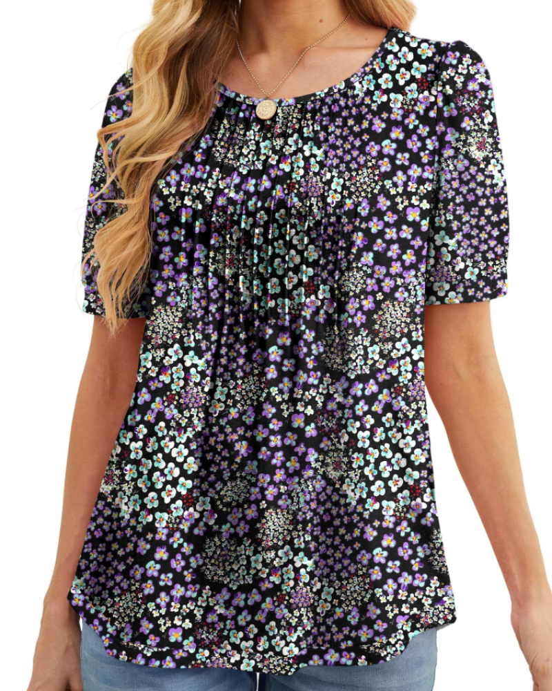 Lydia Women's Blouse – Floral Tunic with Crew Neck, Short Sleeves, and Front Pleats