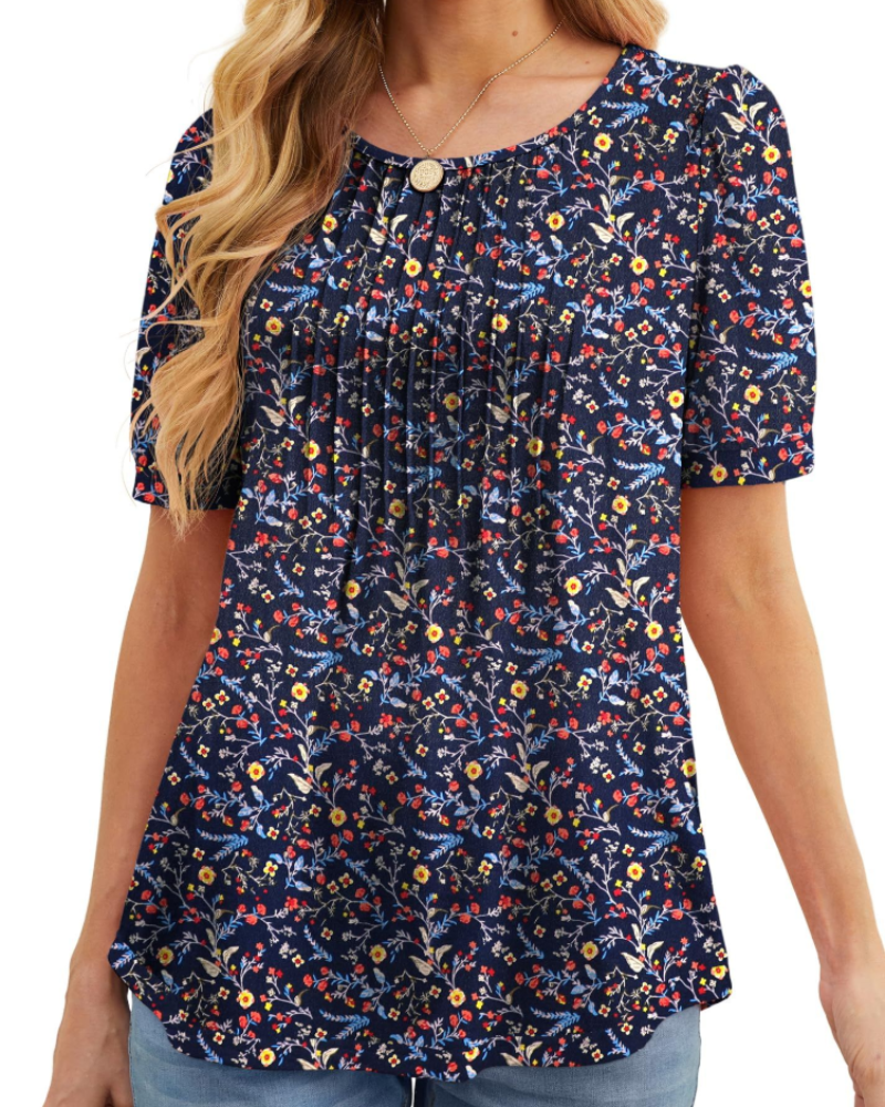 Lydia Women's Blouse – Floral Tunic with Crew Neck, Short Sleeves, and Front Pleats