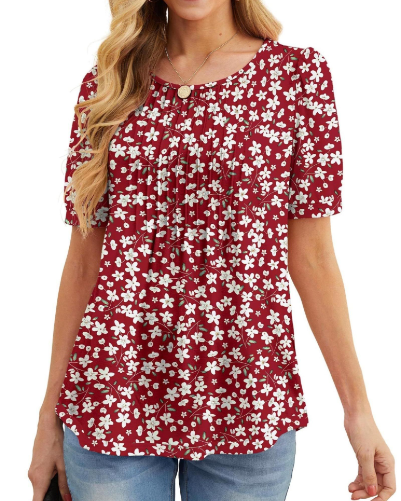 Lydia Women's Blouse – Floral Tunic with Crew Neck, Short Sleeves, and Front Pleats