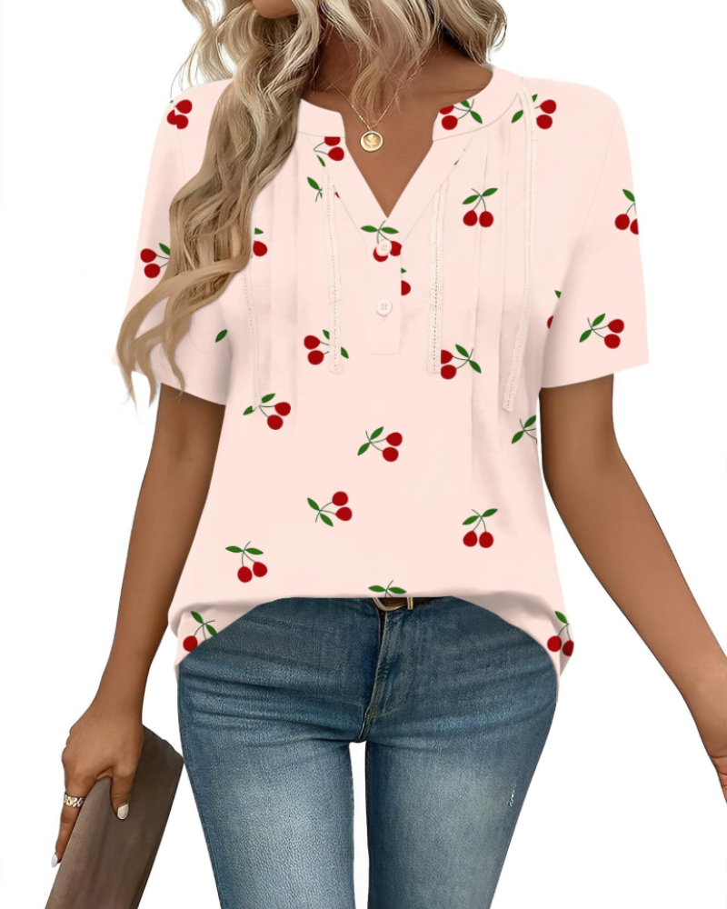 Clara Women's Blouse – Tunic with V-Neck, Pleats, Lace, and Short Sleeves