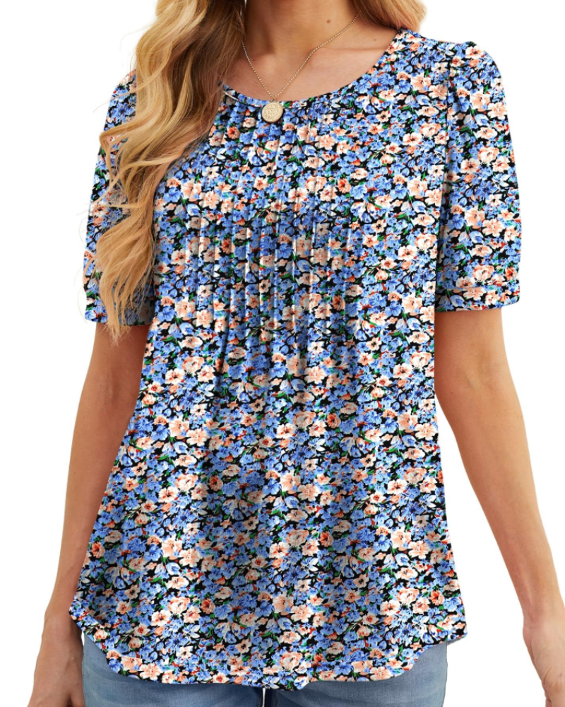Lydia Women's Blouse – Floral Tunic with Crew Neck, Short Sleeves, and Front Pleats