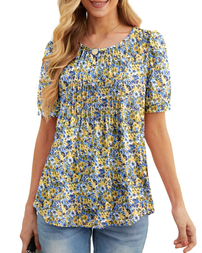 Lydia Women's Blouse – Floral Tunic with Crew Neck, Short Sleeves, and Front Pleats