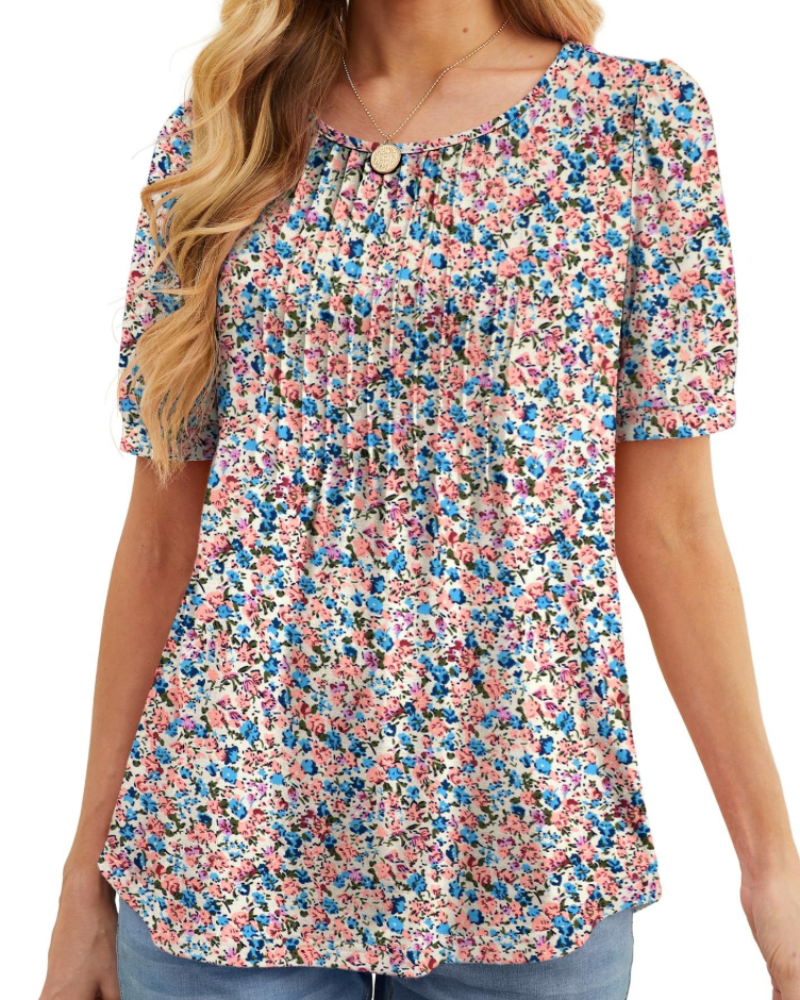 Lydia Women's Blouse – Floral Tunic with Crew Neck, Short Sleeves, and Front Pleats