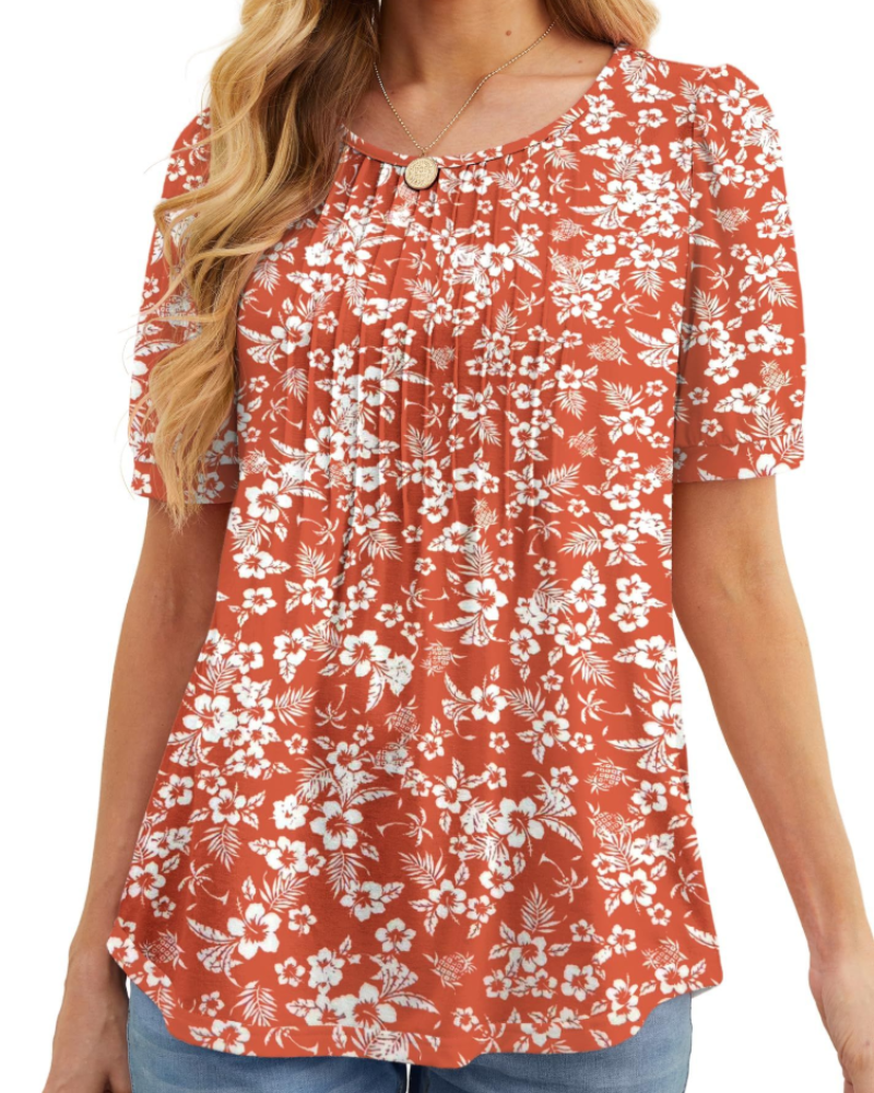 Lydia Women's Blouse – Floral Tunic with Crew Neck, Short Sleeves, and Front Pleats