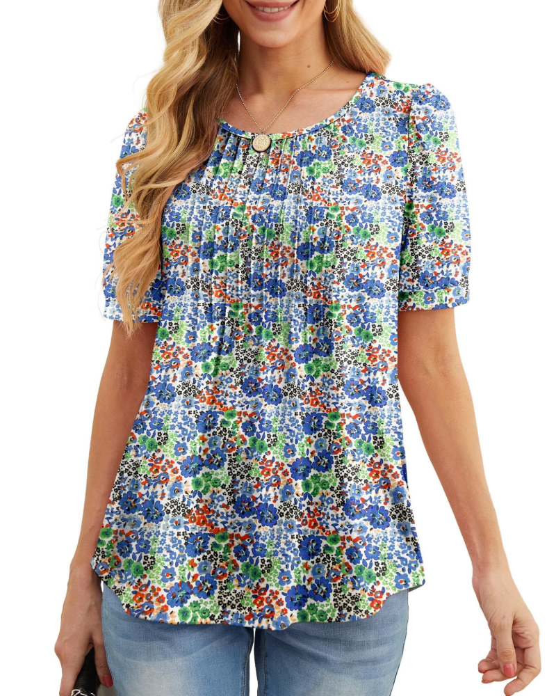 Lydia Women's Blouse – Floral Tunic with Crew Neck, Short Sleeves, and Front Pleats