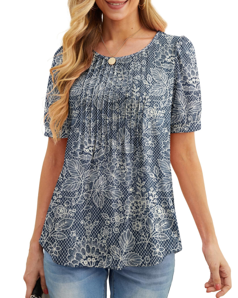 Lydia Women's Blouse – Floral Tunic with Crew Neck, Short Sleeves, and Front Pleats