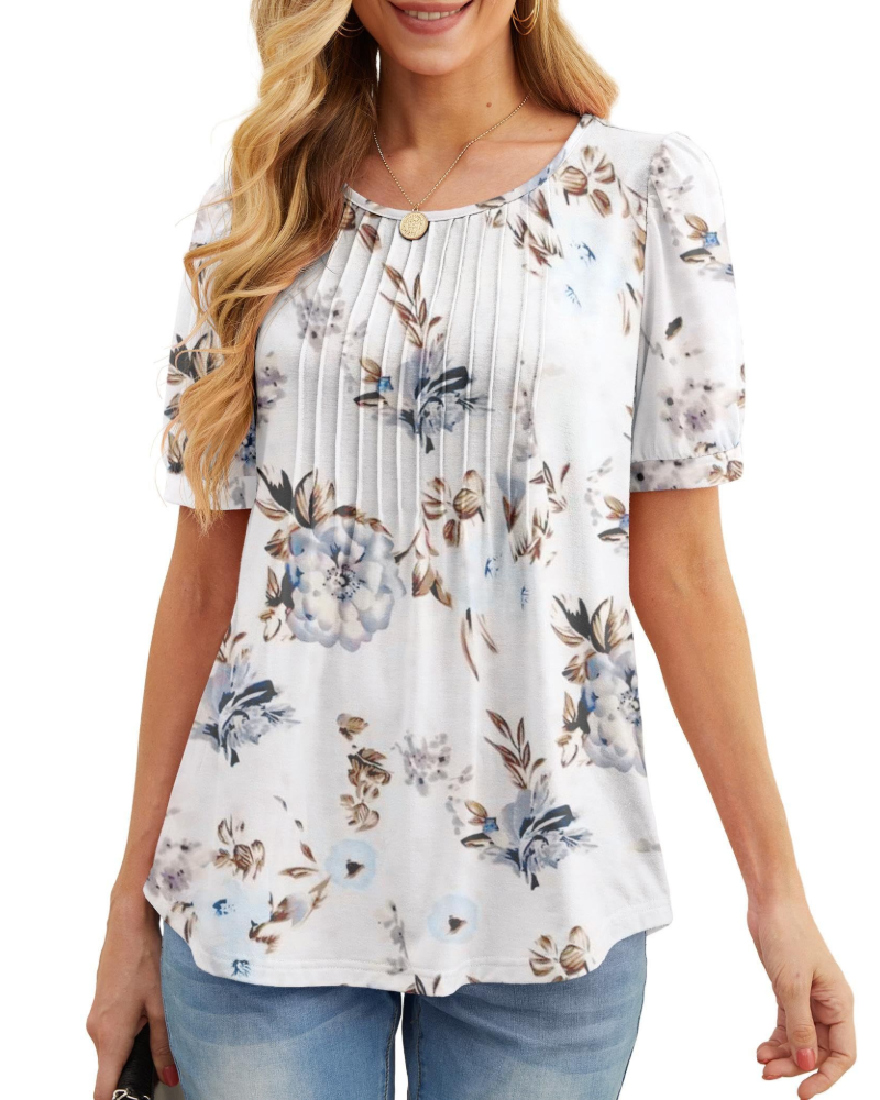 Lydia Women's Blouse – Floral Tunic with Crew Neck, Short Sleeves, and Front Pleats