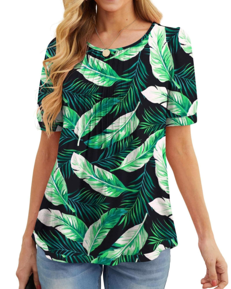 Lydia Women's Blouse – Floral Tunic with Crew Neck, Short Sleeves, and Front Pleats