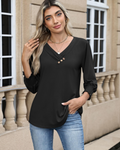 Daphne Blouse Femme – Tunique avec Col en V, Manches 3/4 et Boutons Décoratifs