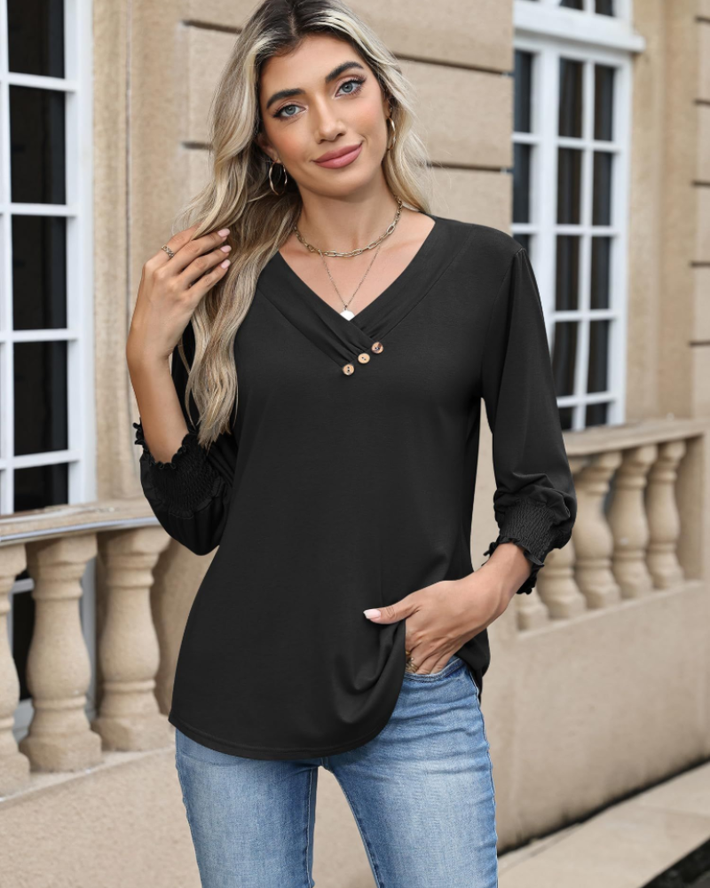 Daphne Women's Blouse – Tunic with V-Neck, 3/4 Sleeves, and Decorative Buttons