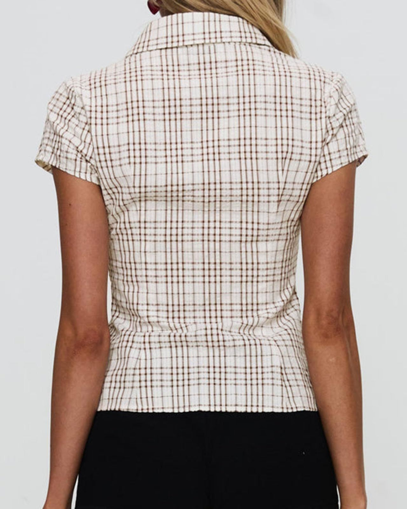 Maisie Women's Shirt – Slim Plaid Blouse with Collar, Buttons, and Short Sleeves