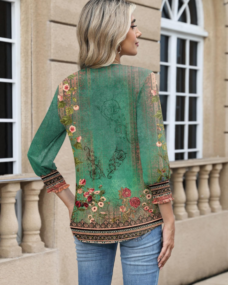 Brooke Blusa Donna – Tunica Floreale con Scollo a V, Maniche 3/4 e Bottoni Decorativi