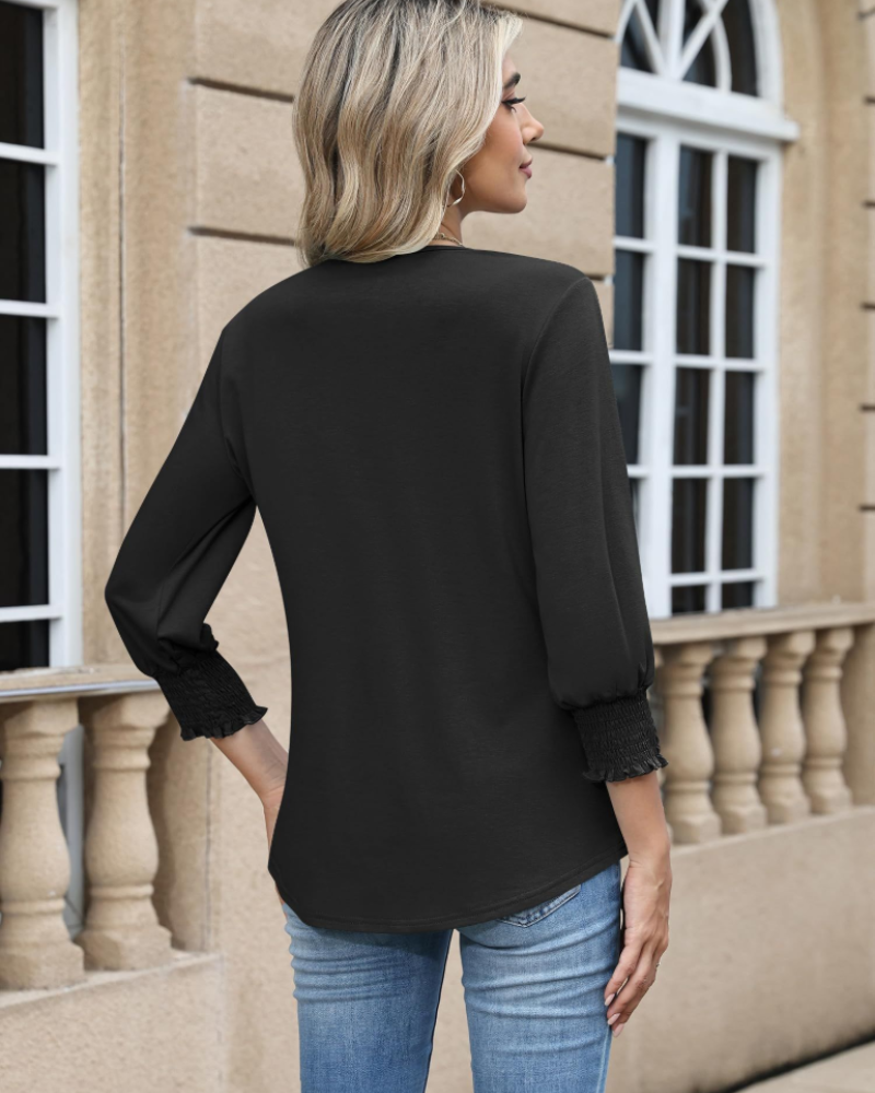 Daphne Women's Blouse – Tunic with V-Neck, 3/4 Sleeves, and Decorative Buttons