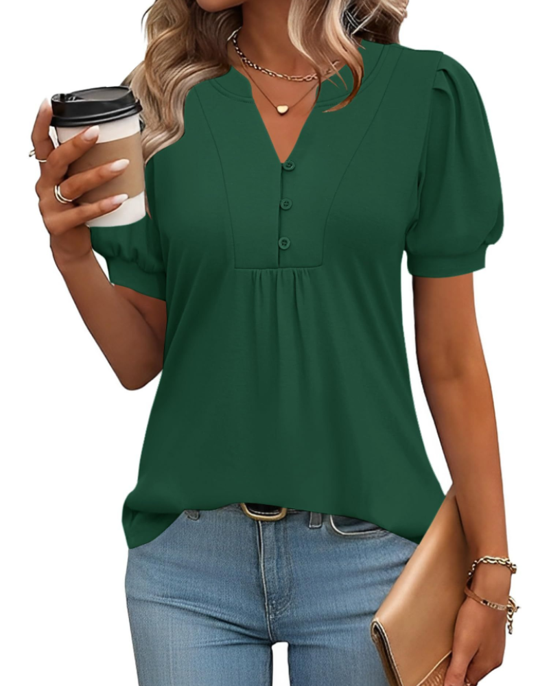 Brielle Women's Blouse – Floral Tunic with V-Neck, Puff Sleeves, and Buttons