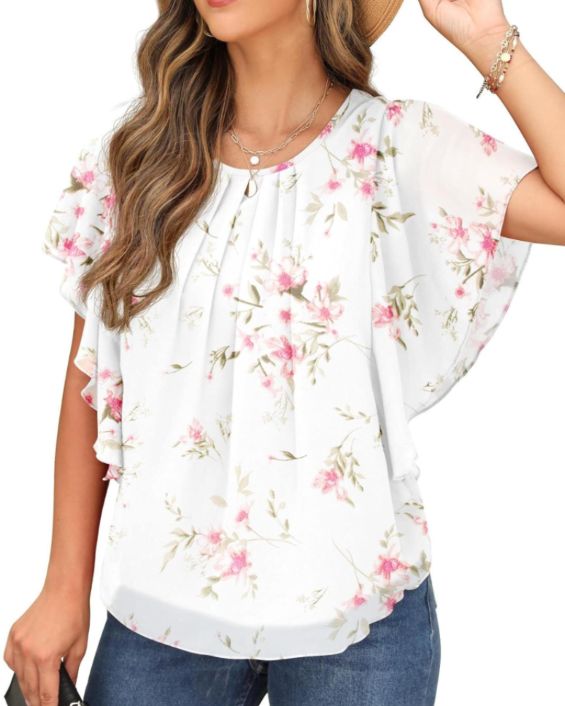 Megan Blouse Femme – Top en chiffon avec col rond et manches courtes chauve-souris
