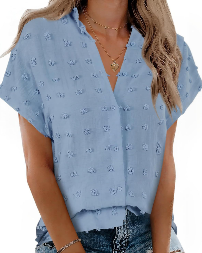Lauren Women's Shirt – Polka Dot Blouse with V-Neck, Buttons, and Short Sleeves