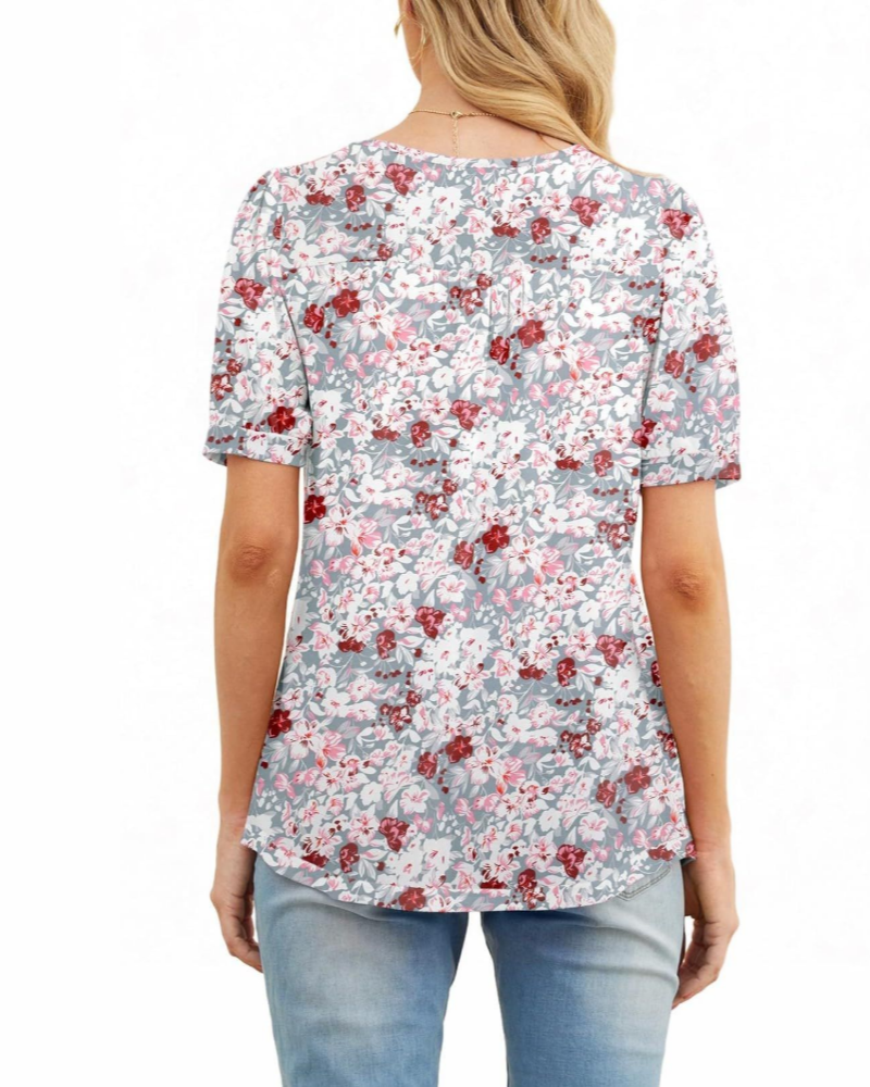 Lydia Women's Blouse – Floral Tunic with Crew Neck, Short Sleeves, and Front Pleats
