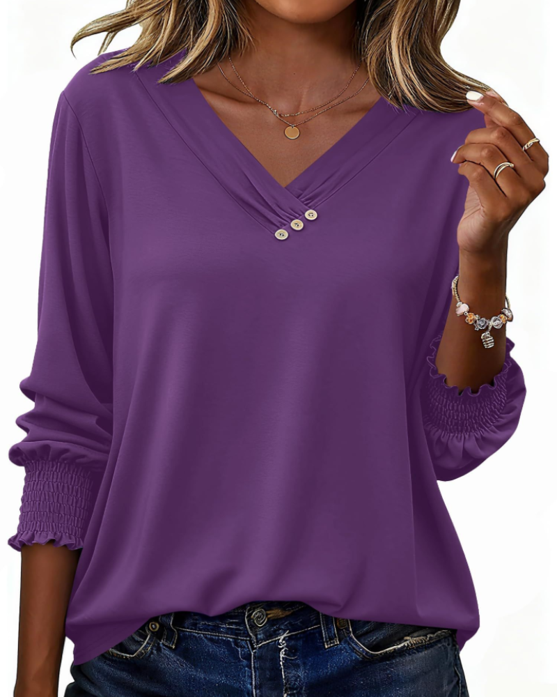 Daphne Women's Blouse – Tunic with V-Neck, 3/4 Sleeves, and Decorative Buttons