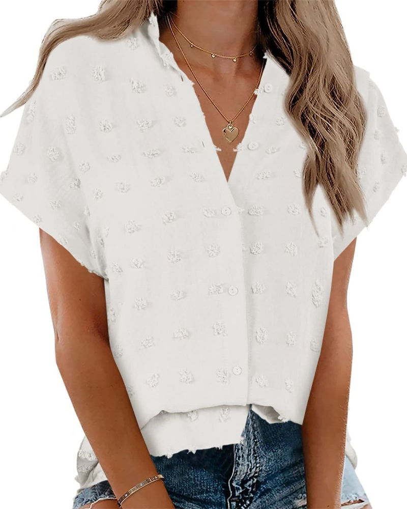 Lauren Women's Shirt – Polka Dot Blouse with V-Neck, Buttons, and Short Sleeves