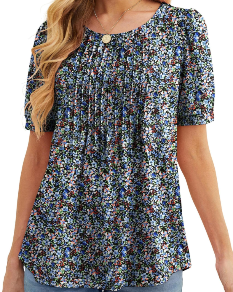 Lydia Women's Blouse – Floral Tunic with Crew Neck, Short Sleeves, and Front Pleats