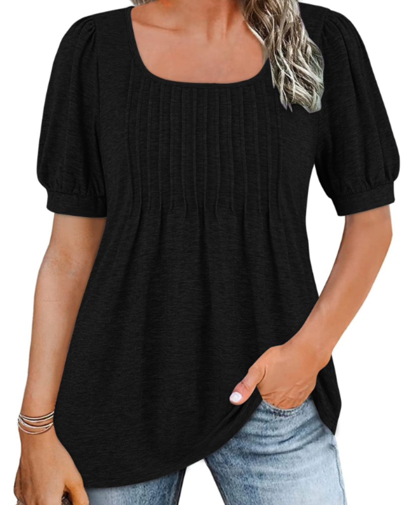 Penelope Women's Blouse – Tunic with Square Neckline, Puff Sleeves, and Pleats