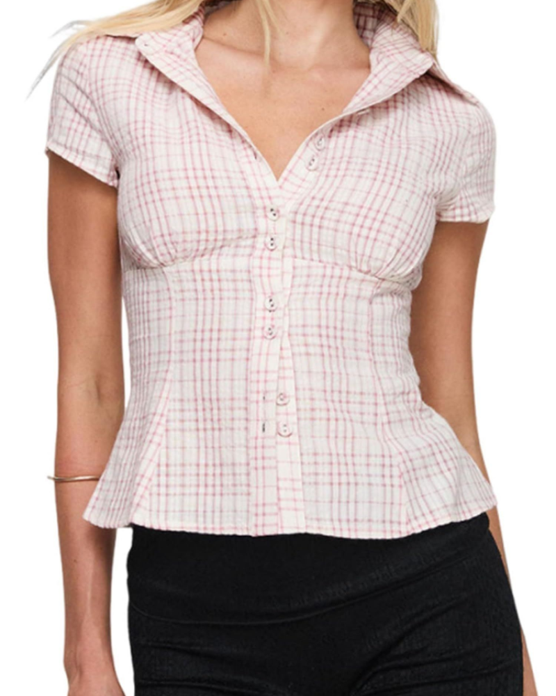 Maisie Women's Shirt – Slim Plaid Blouse with Collar, Buttons, and Short Sleeves