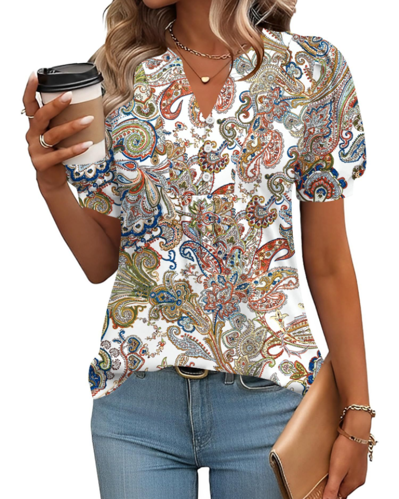 Sophie Women's Blouse – Floral Tunic with V-Neck, Puff Sleeves, and Buttons