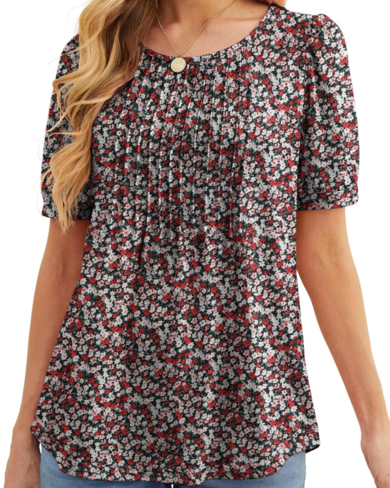 Lydia Women's Blouse – Floral Tunic with Crew Neck, Short Sleeves, and Front Pleats