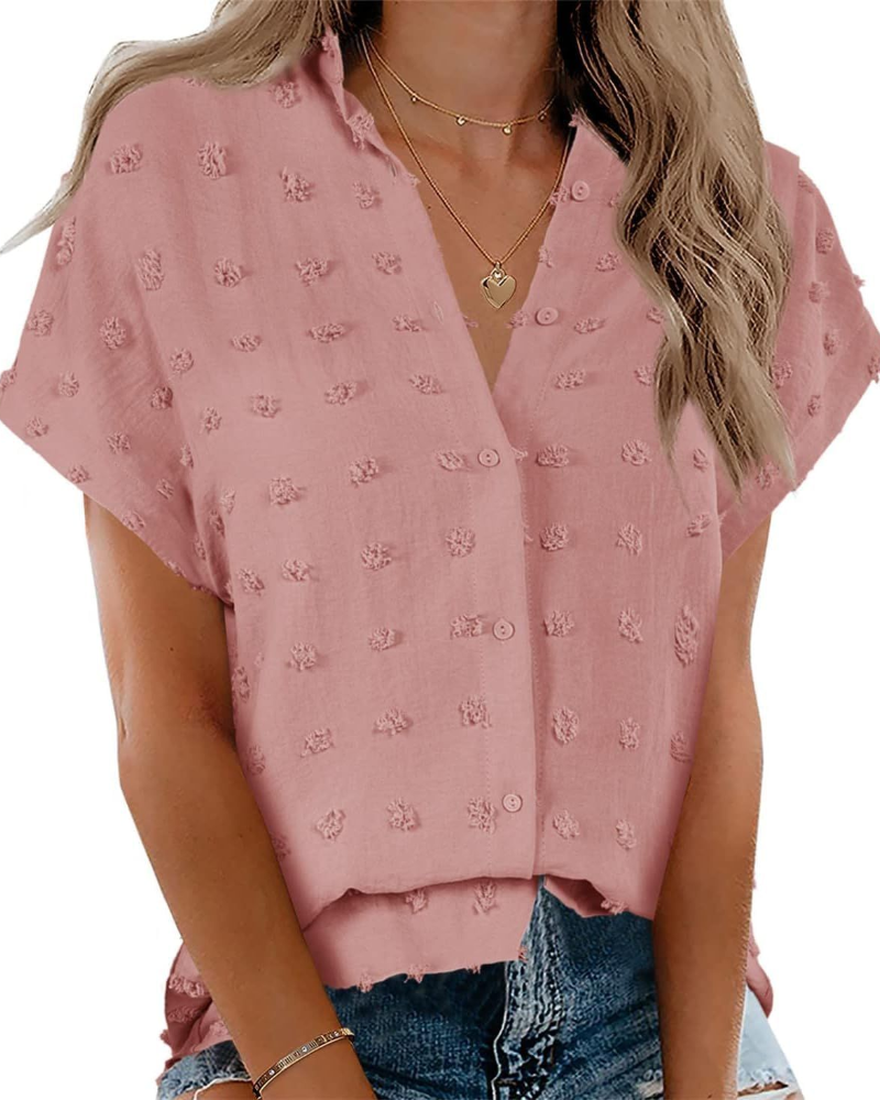 Lauren Women's Shirt – Polka Dot Blouse with V-Neck, Buttons, and Short Sleeves