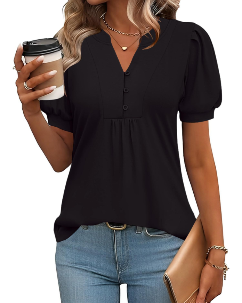 Brielle Women's Blouse – Floral Tunic with V-Neck, Puff Sleeves, and Buttons