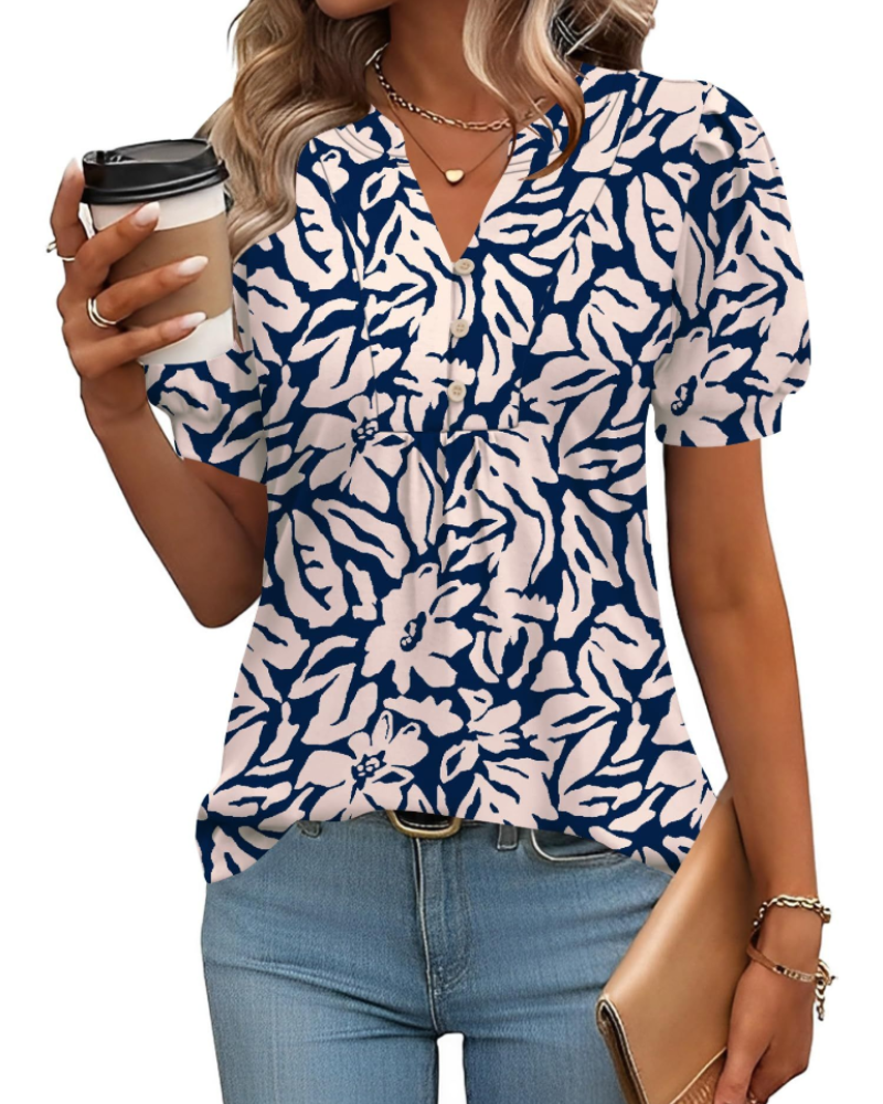 Sophie Women's Blouse – Floral Tunic with V-Neck, Puff Sleeves, and Buttons