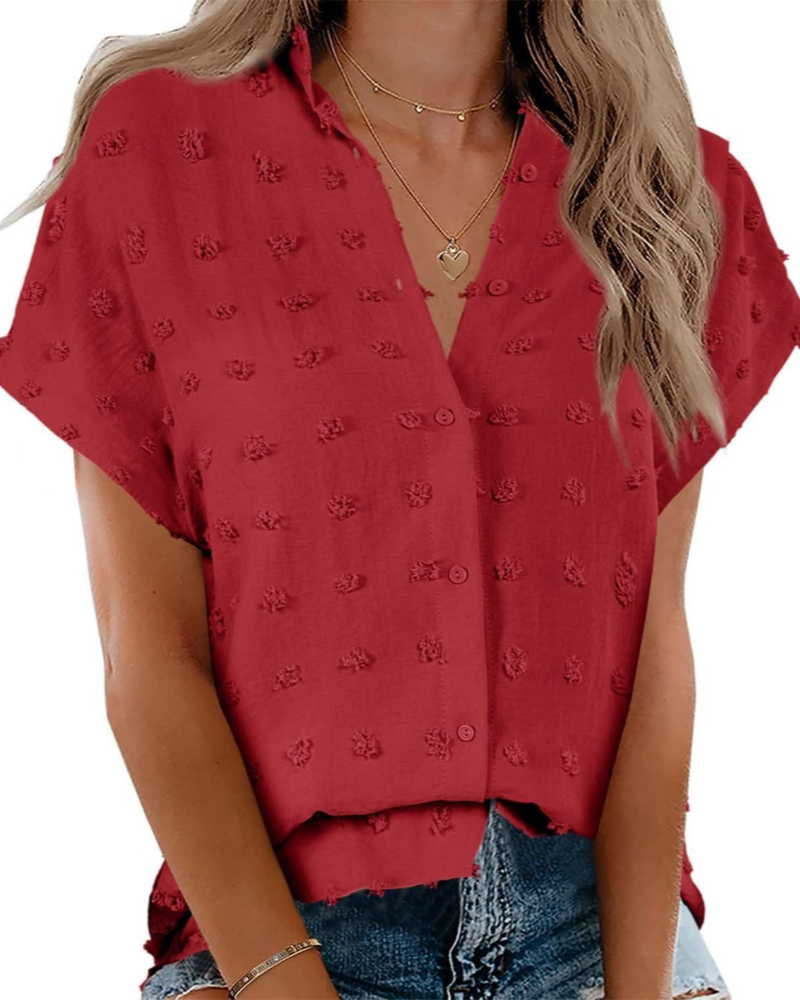 Lauren Women's Shirt – Polka Dot Blouse with V-Neck, Buttons, and Short Sleeves