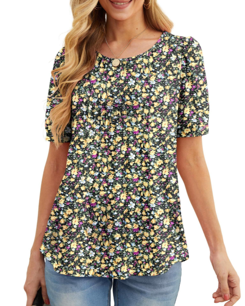 Lydia Women's Blouse – Floral Tunic with Crew Neck, Short Sleeves, and Front Pleats