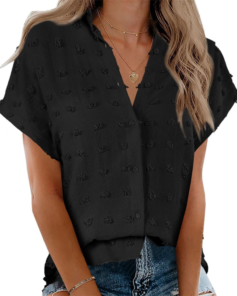 Lauren Women's Shirt – Polka Dot Blouse with V-Neck, Buttons, and Short Sleeves